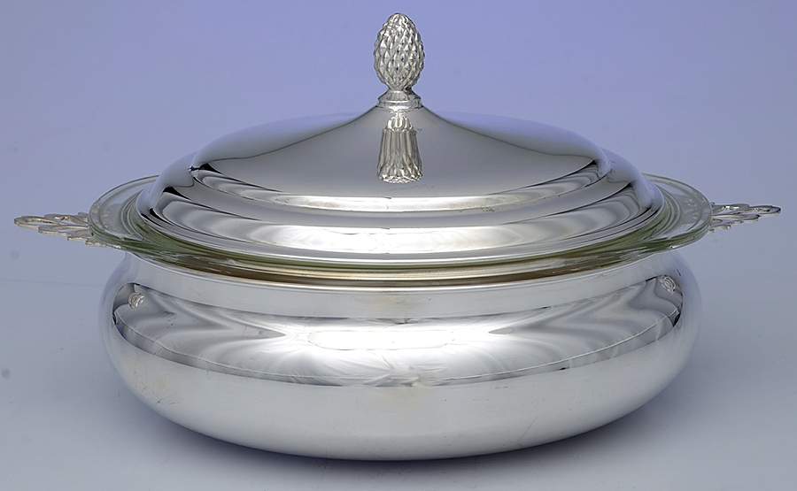 Victorian (Silverplate, Hollowware) Plated Round Covered Casserole with Glass by Sheffield Silver Co (USA)-1