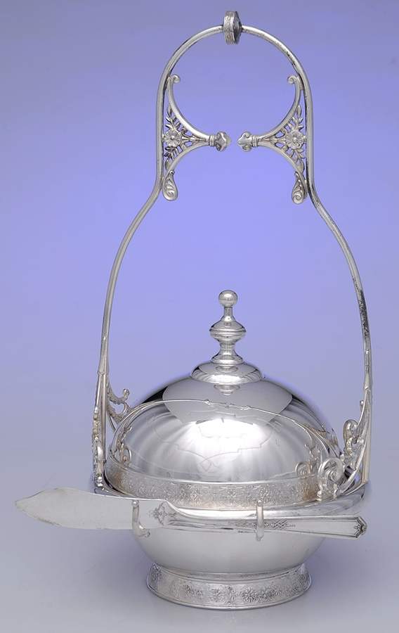 53 (Silverplate, Hollowware) Round Covered Butter with Strainer & Master Knife by Simpson Hall & Miller-1
