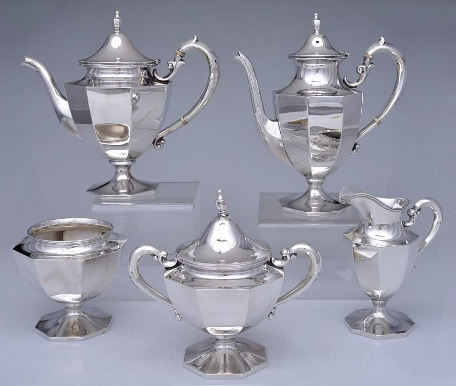 SHR26 (Sterling, Hollowware) 5 Piece Tea Set (SCP, STP, SCR, SSU, SWB) by Shreve Silver-1