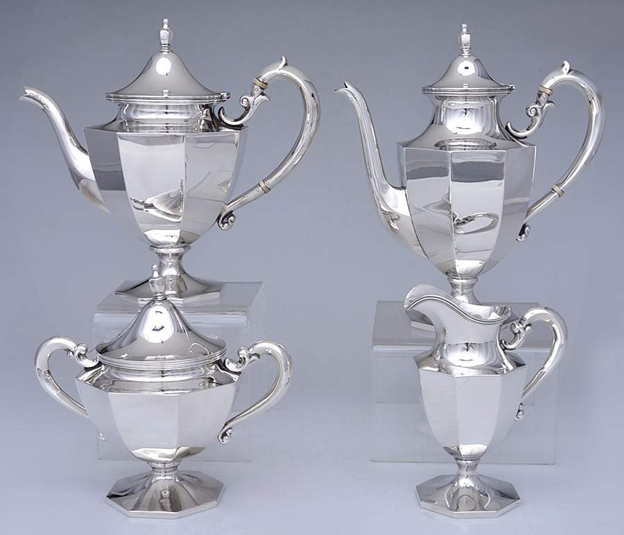 SHR26 (Sterling, Hollowware) 4 Piece Tea Set (SCP, STP, SCR, SSU) by Shreve Silver-1