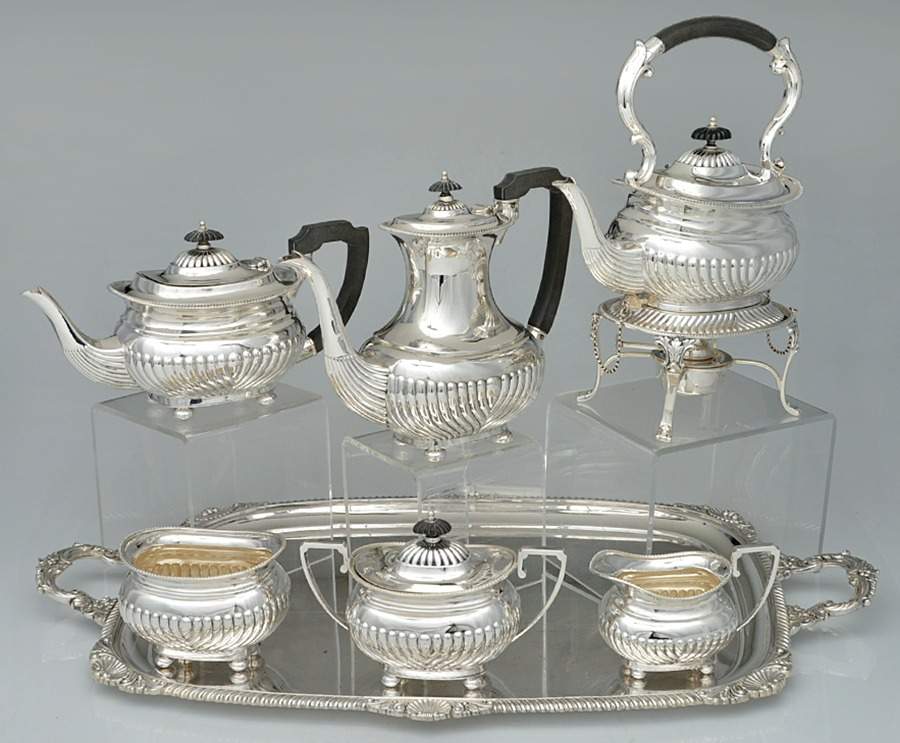 Dearden (Silverplate, Hollowware) 7-Piece Plated Tea Set (w/ Waste, Kttle & Try) by Sheffield Silver Co (England)-1
