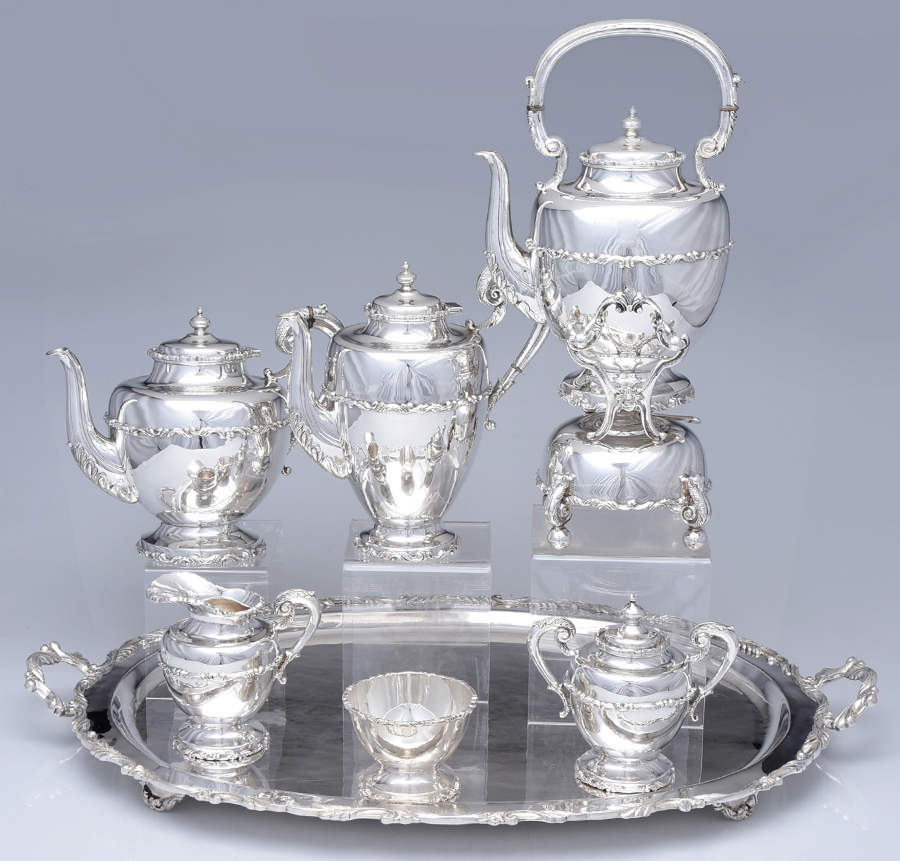 SBN12 (Sterling, Hollowware) 7 Piece Tea Set (SCP, STP, SCR, SSU, SWB, SKES & WTL) by Sanborns (Mexico)-1