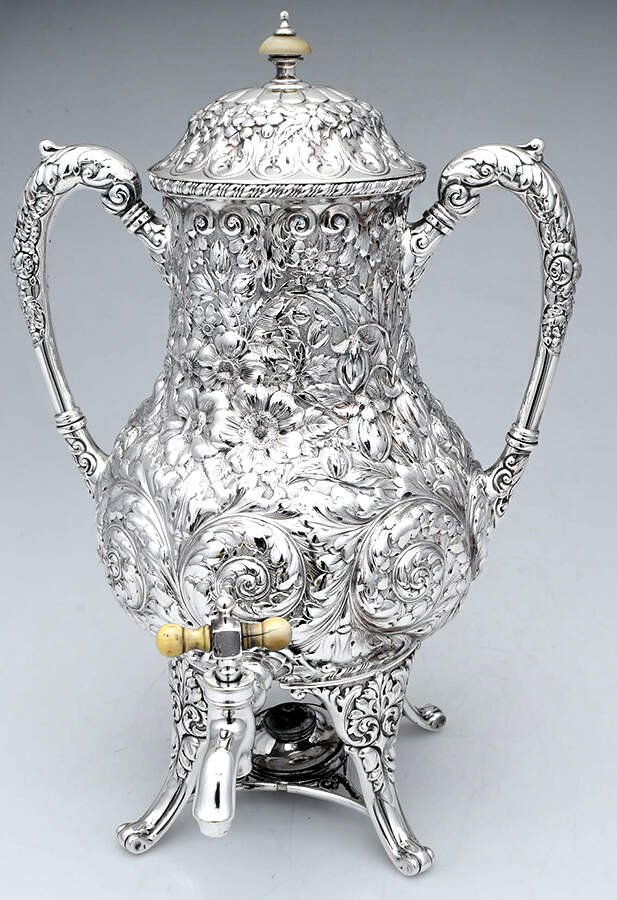 Repousse (Silverplate, Hollowware) Samovar with attached Stand and Burner by Simpson Hall & Miller-1