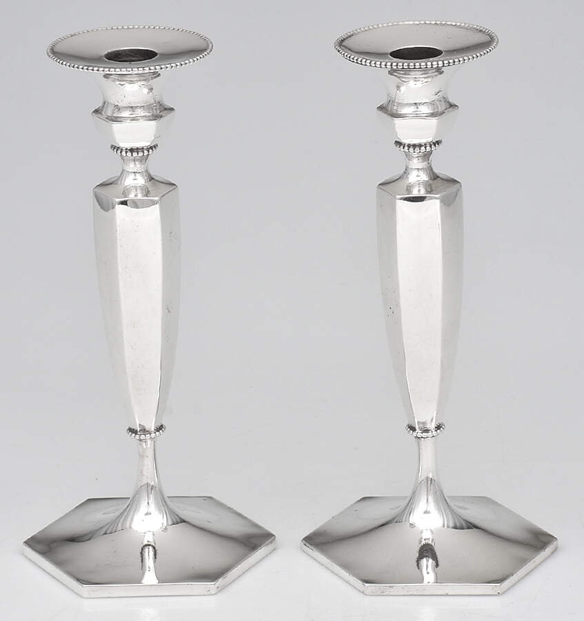 4520 (Sterling, Hollowware) Pair of 9" Weighted Candlesticks by Shreve Crump & Low-1