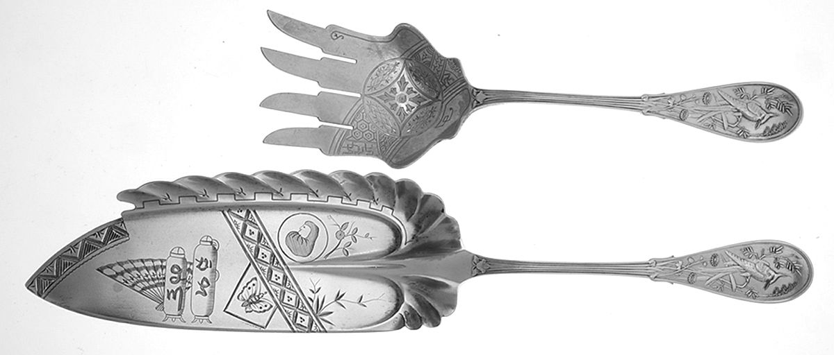 Japanese (Sterling, 1871, No Monograms) Large Solid, Bright Cut Fish Serving Set by Tiffany & CO SILVER-1