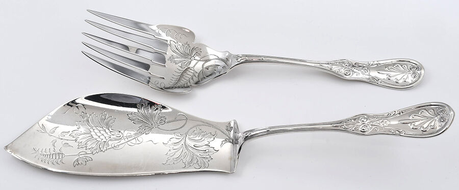 Saratoga (Sterling, 1870, No Monograms) Large Solid Bright Cut Fish Serving Set by Tiffany & CO SILVER-1
