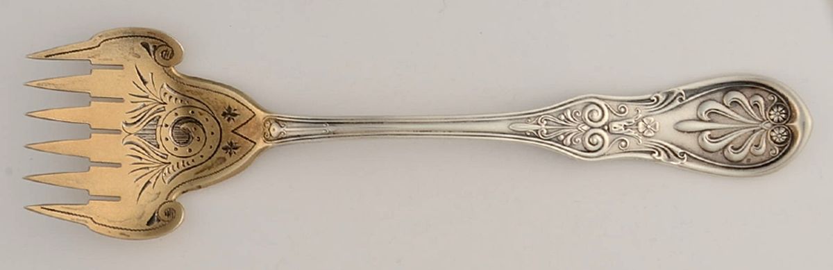 Saratoga (Sterling, 1870, No Monograms) Bright Cut Small Solid Serving Tined Sardine Fork by Tiffany & CO SILVER-1