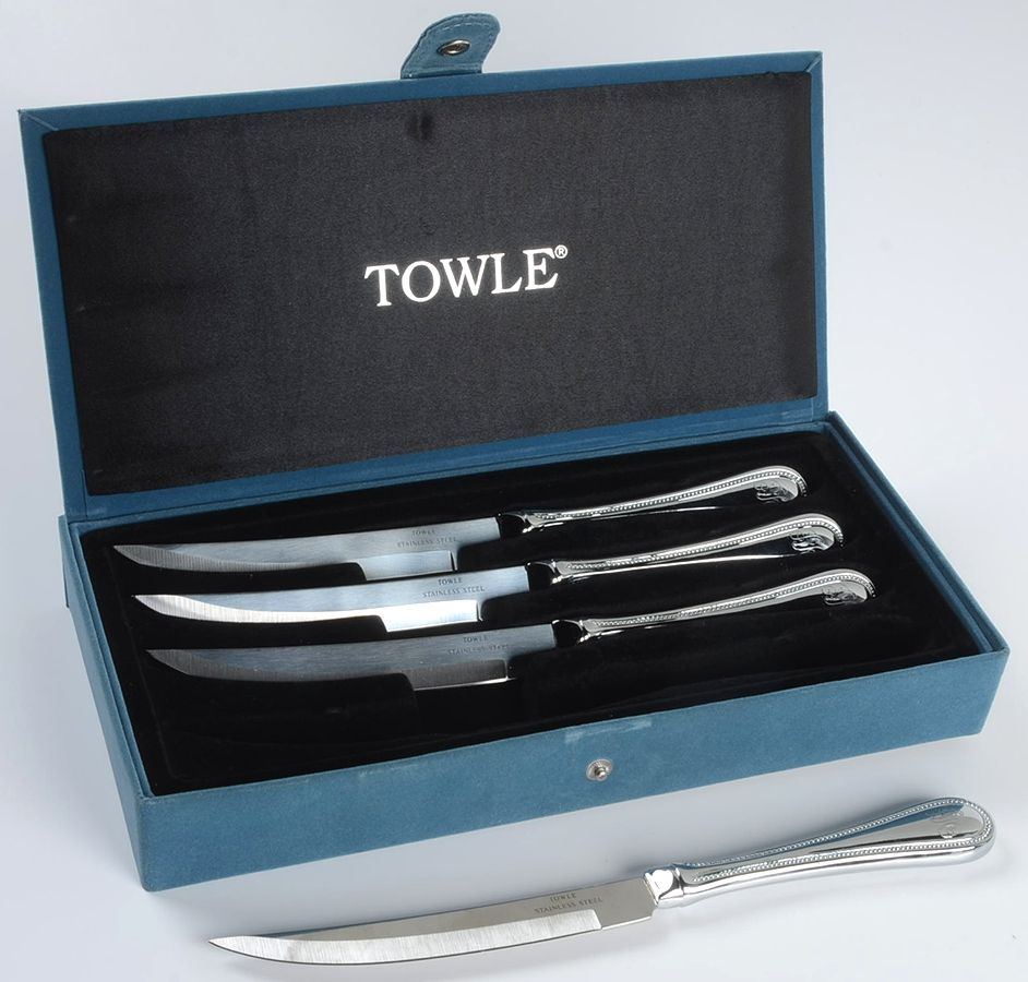 Beaded Antique (Stainless-Cutlery) Individual Steak Knive - Set of 4 & Case by Towle Silver-1