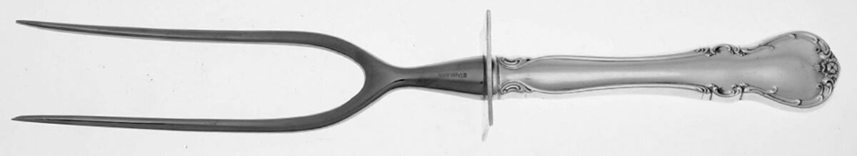 French Provincial (Sterling, 1948) Large Stainless Prong Carving Fork W/Sterling Guar by Towle Silver-1