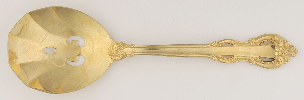 King Arthur Gold (Gold Electroplate, 1988) Solid Pierced Casserole Spoon by Towle Silver-1