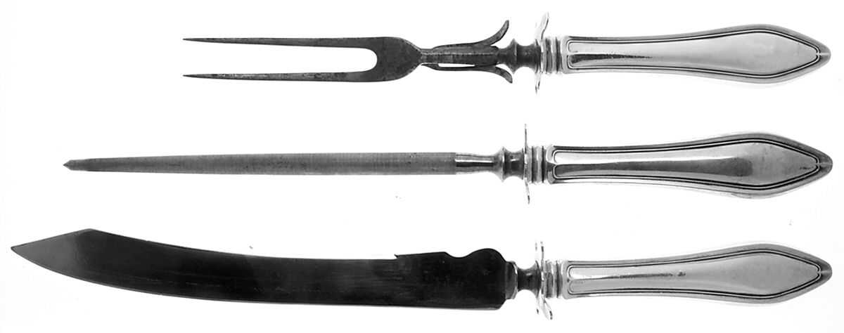 Mary Chilton (Sterling, 1912, No Monos) (3 Pc)Carving Set-Lg Stnbl/Roast w/Sterling Guard by Towle Silver-1