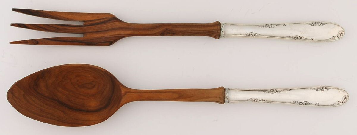 Madeira (Sterling, 1948, No Monograms) Wooden Bowl 2-Piece Salad Set by Towle Silver-1