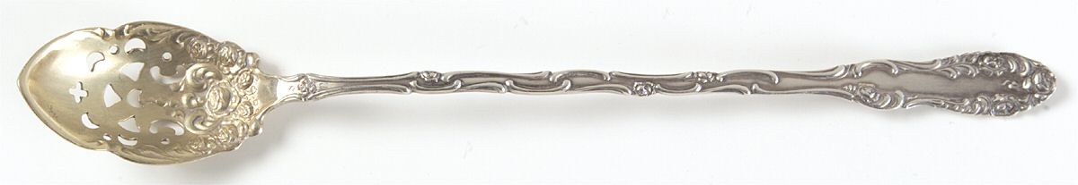 Old English (Sterling, 1892, No Monos) Pierced Bowl Long Handle Olive Spoon by Towle Silver-1