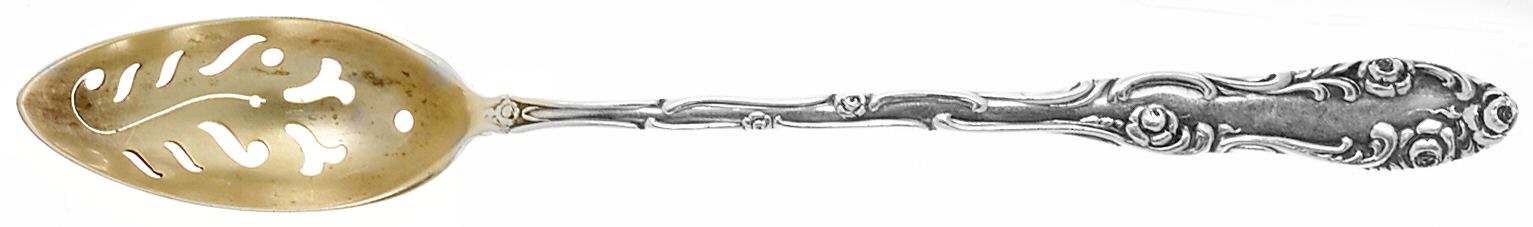 Old English (Sterling, 1892, No Monos) Pierced Bowl Short Handle Olive Spoon by Towle Silver-1