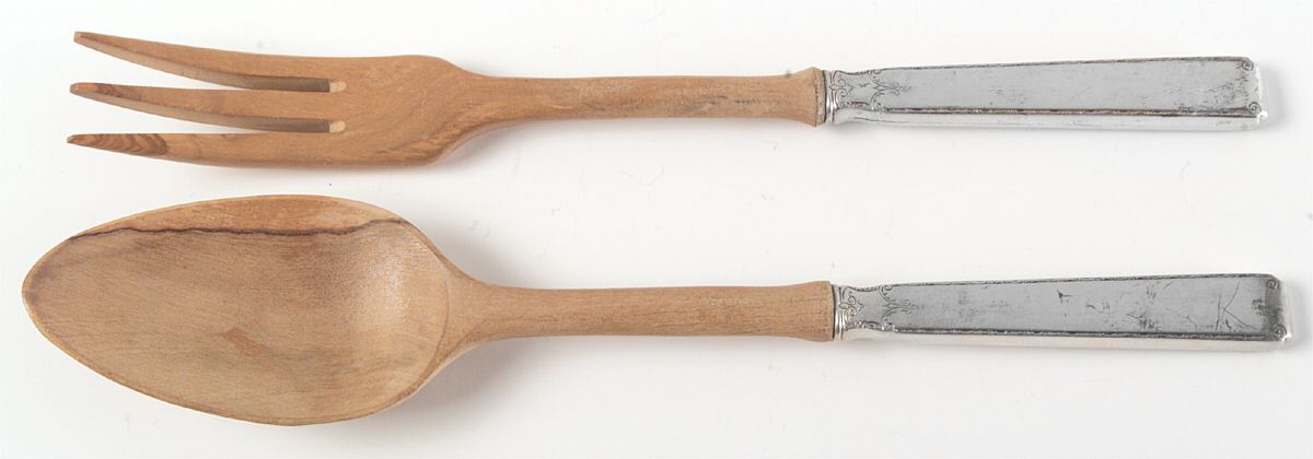 Old Lace (Sterling, 1939, No Monograms) Wooden Bowl 2-Piece Salad Set by Towle Silver-1