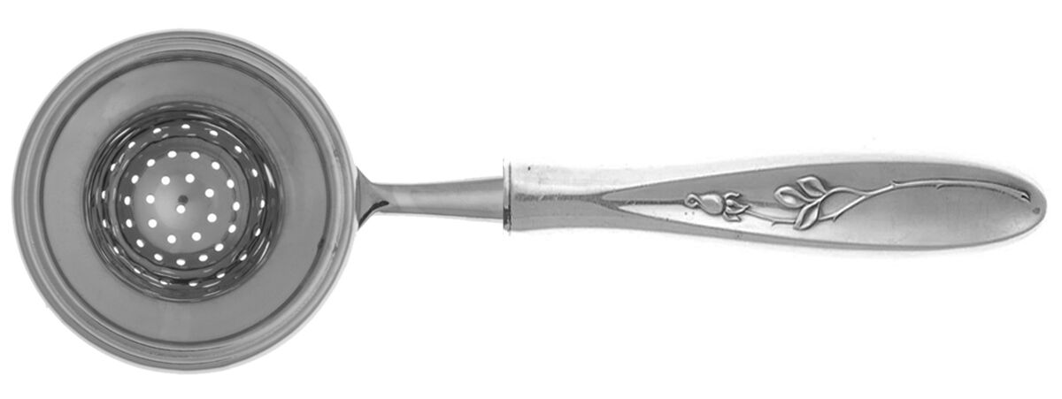 Rose Solitaire (Sterling, 1954) Tea Strainer Overcup Serving-Stainless Bowl HC by Towle Silver-1