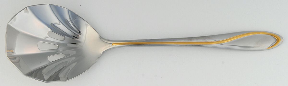Ron De Vu-Gold Accent (Stainless) Solid Pierced Shell Casserole Spoon by Towle Silver-1