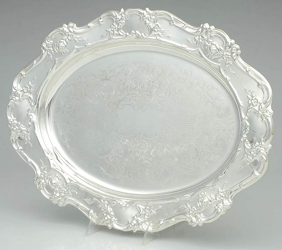Old Master-Embossed(Silverplate, Roses-Scrolls) Small Plated Meat Platter No Well by Towle Silver-1