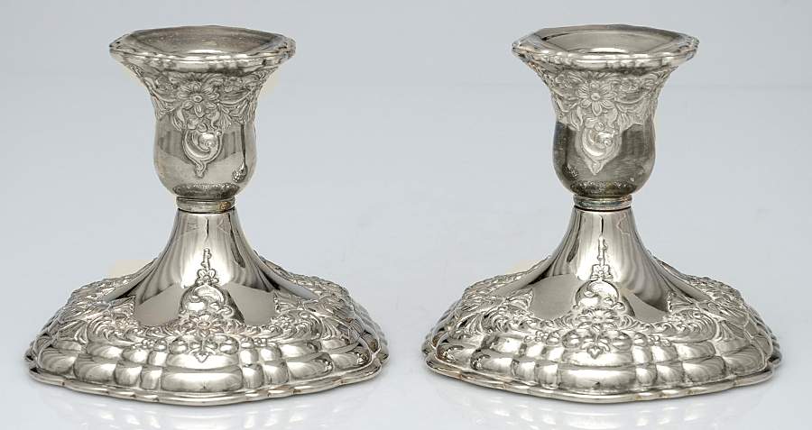 Old Master-Embossed(Silverplate, Roses-Scrolls) Pair of Silverplate Console Candleholders by Towle Silver-1