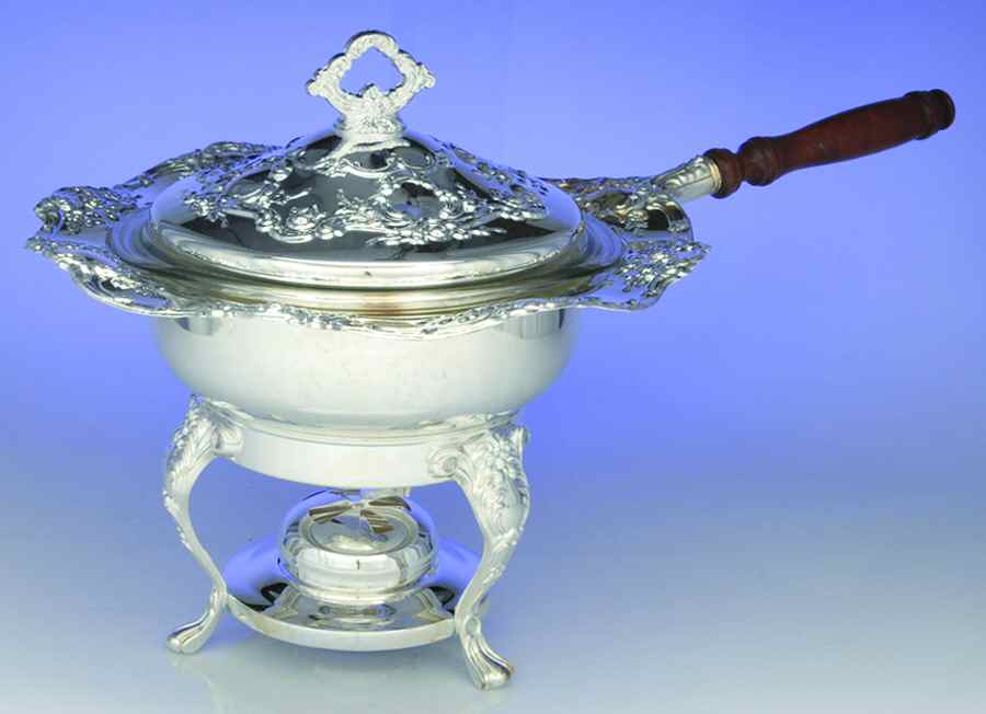 Old Master-Embossed(Silverplate, Roses-Scrolls) Chafing Dish W/Lid, Burner & Stand by Towle Silver-1