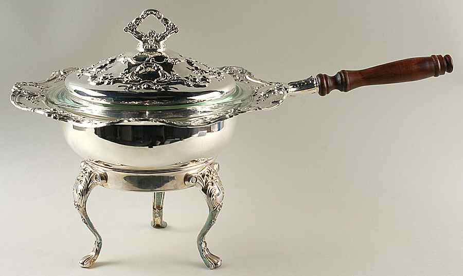Old Master-Embossed(Silverplate, Roses-Scrolls) Chafing Dish & Lid, Stand, Glass Liner by Towle Silver-1