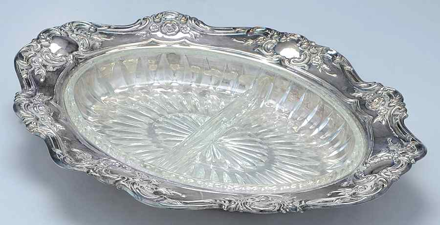 Old Master-Embossed(Silverplate, Roses-Scrolls) Relish with 2 Part Glass Liner by Towle Silver-1