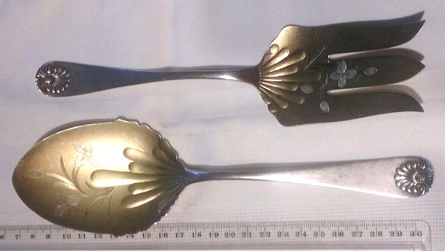 Shell (Sterling, 1889-1890) 2-Piece Salad Set, Bright Cut Solid Piece by Towle Silver-1
