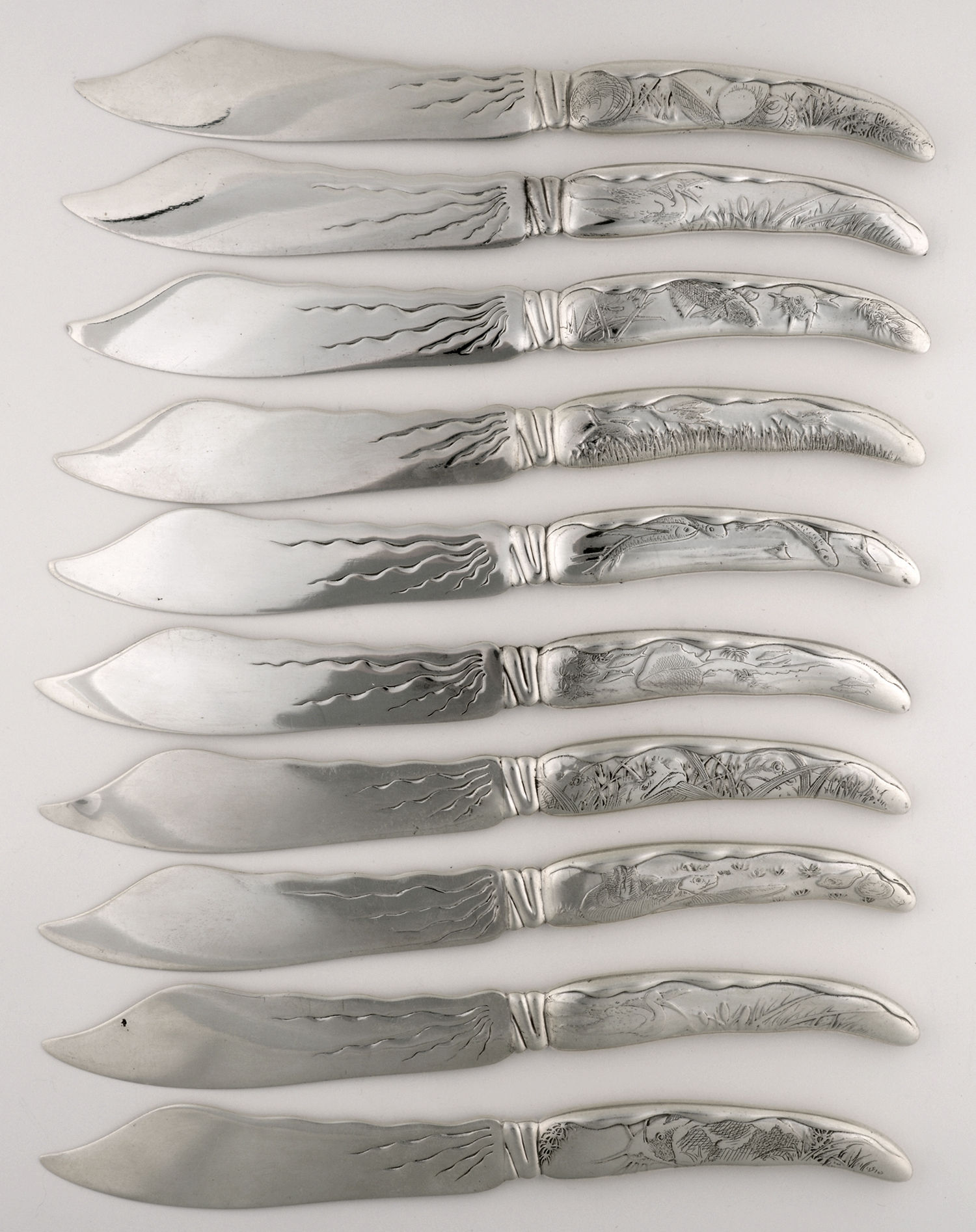 Lap-Over-Edge (Acid Etched) (Set of 10) Individual Fish Knife (Various Motifs) by Tiffany & CO SILVER-1