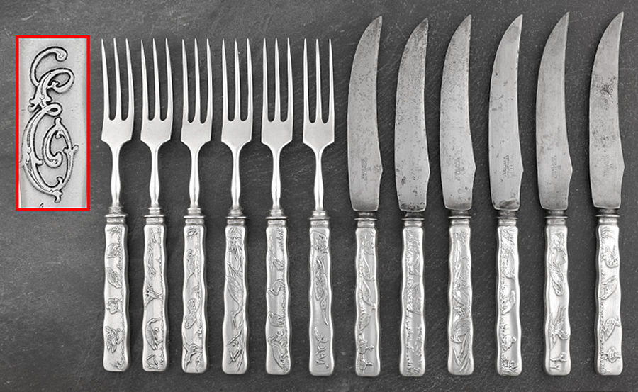 Lap-Over-Edge (Acid Etched) (Set/6) 2Pc Ind. Silverplt Blade Bird Carving Set by Tiffany & CO SILVER-1