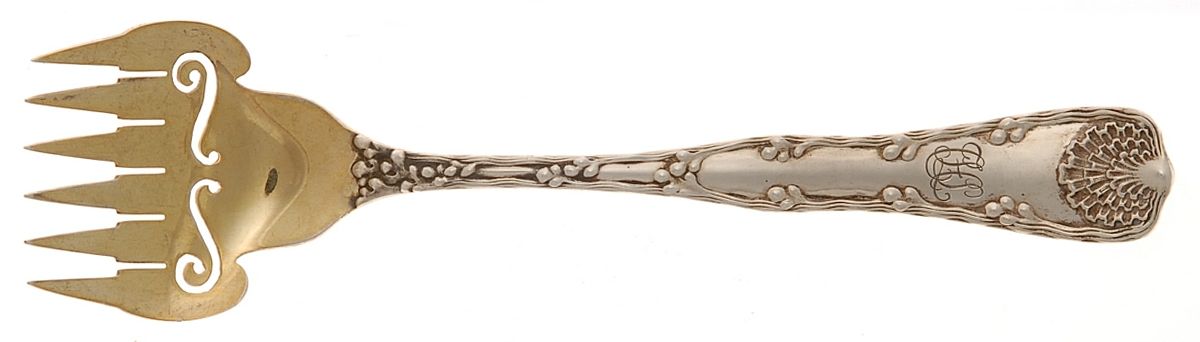 Wave Edge (Sterling, 1884, Monograms) Large Solid Tined Sardine Serving Fork by Tiffany & CO SILVER-1