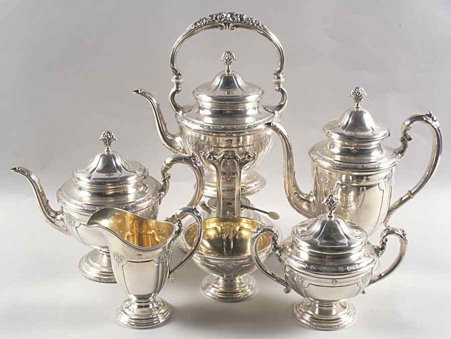 Louis XIV (Sterling, Hollowware) 6 Piece Tea Set (SCP, STP, SCR, SSU, SWB, SKES) by Towle Silver-1