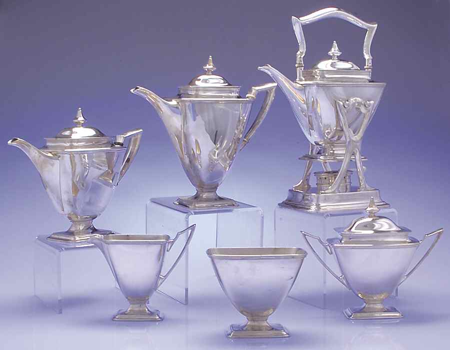 Mary Chilton (Sterling, Hollowwaree) 6 Piece Tea Set (SCP, STP, SCR, SSU, SWB, SKES) by Towle Silver-1