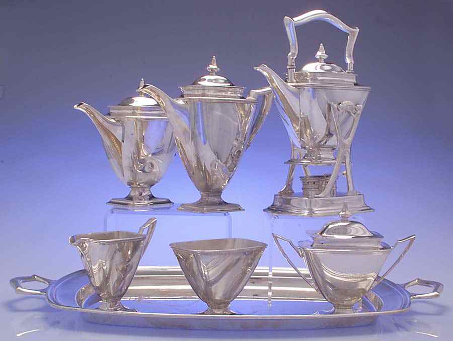 Mary Chilton (Sterling, Hollowwaree) 7 Piece Tea Set (SCP, STP, SCR, SSU, SWB, SKES & WTL) by Towle Silver-1