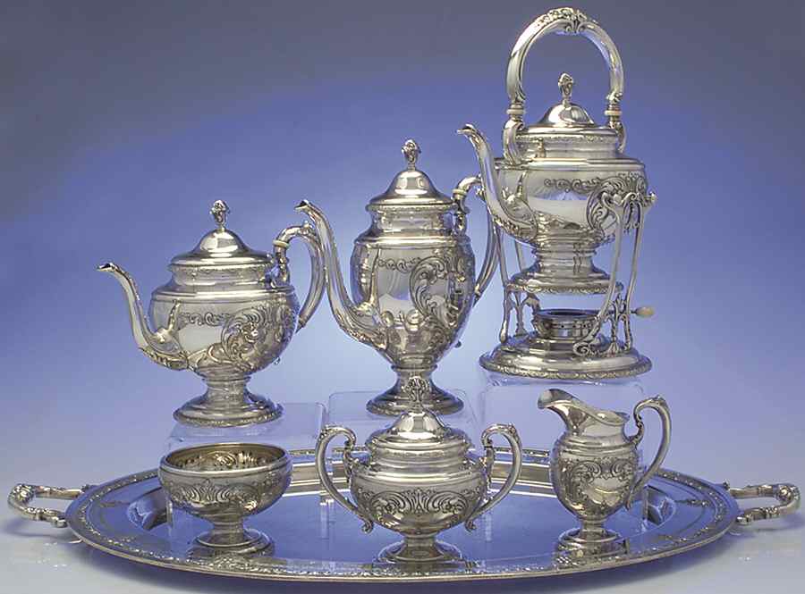 Old Master (Sterling, Hollowware, Towle Mark) 7 Piece Tea Set (SCP, STP, SCR, SSU, SWB, SKES & WTL) by Towle Silver-1