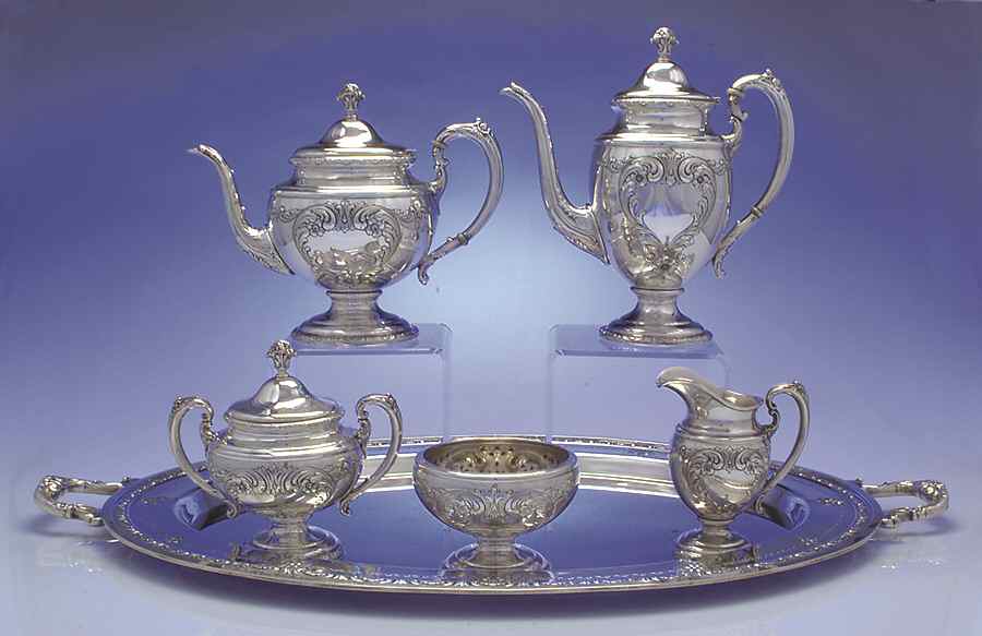 Old Master (Sterling, Hollowware, Towle Mark) 6 Piece Tea Set (SCP, STP, SCR, SSU, SWB, WTL) by Towle Silver-1