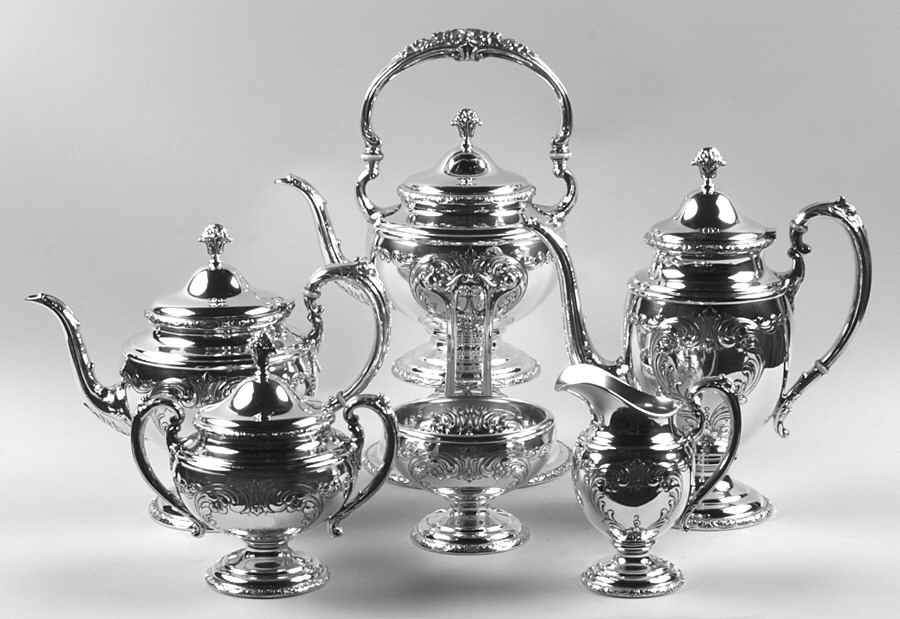 Old Master (Sterling, Hollowware, Towle Mark) 6 Piece Tea Set (SCP, STP, SCR, SSU, SWB, SKES) by Towle Silver-1