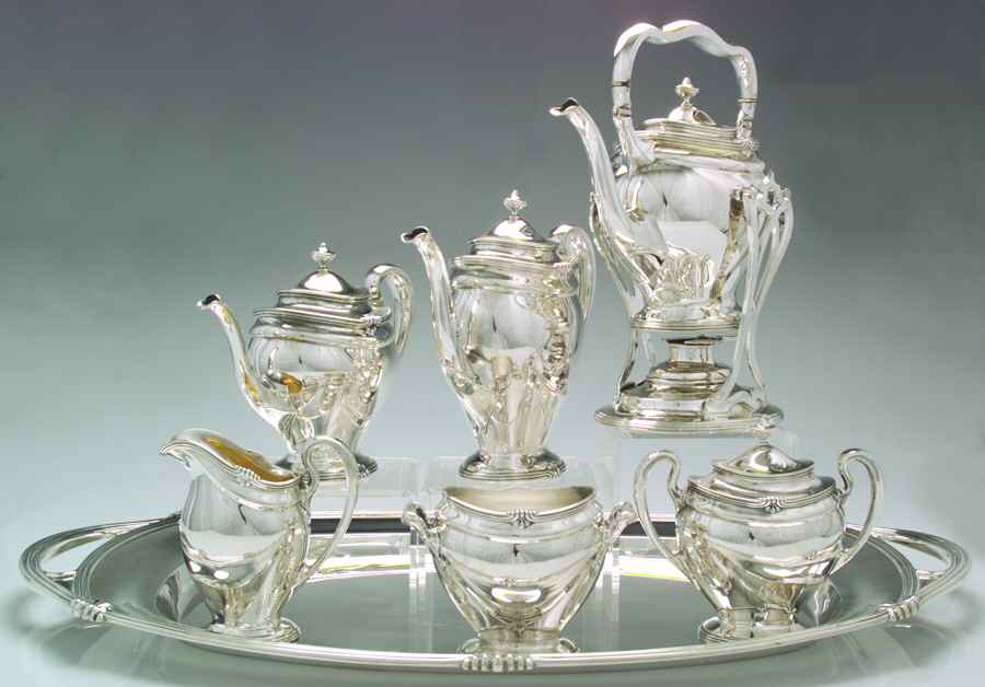Paul Revere (Sterling, Hollowware) 7 Piece Tea Set (SCP, STP, SCR, SSU, SWB, SKES & WTL) by Towle Silver-1