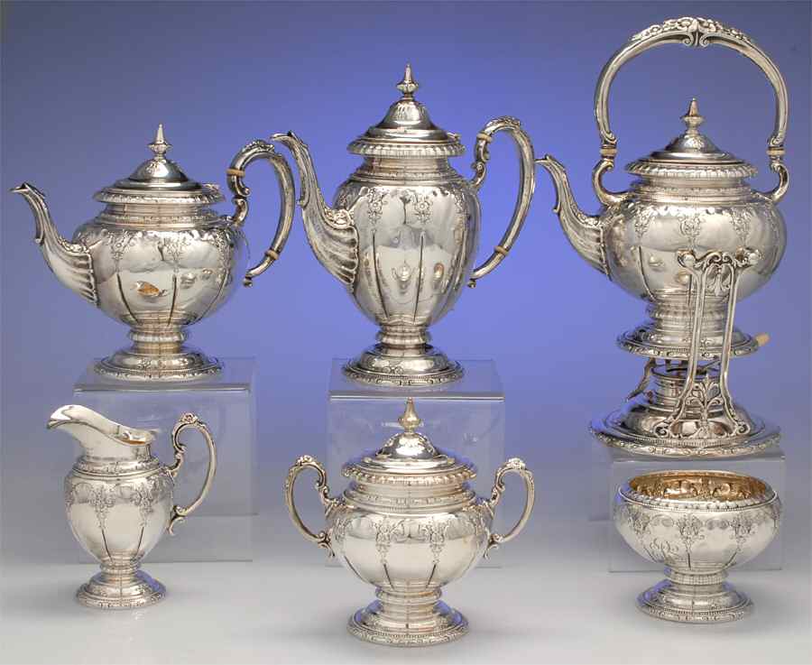 Royal Windsor (Sterling, Hollowware)  6 Piece Tea Set (CP1, TP1, CR1, SU1, WB1, KES1) by Towle Silver-1