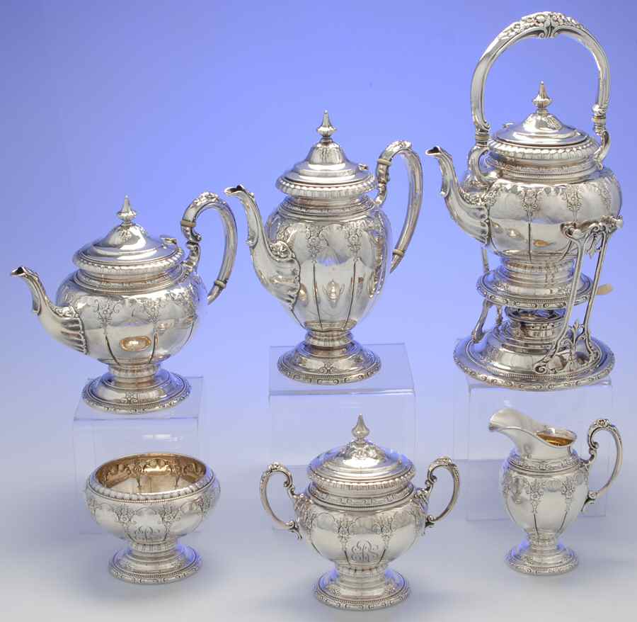 Royal Windsor (Sterling, Hollowware)  6 Piece Tea Set (SCP, STP, SCR, SSU, SWB, SKES) by Towle Silver-1