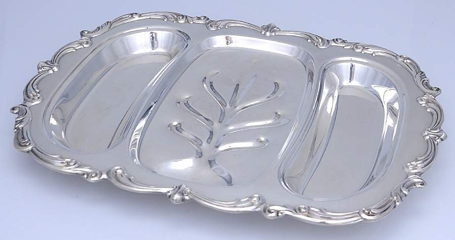 Old Master(Silverplate, Holloware, Scroll Edge) Large 3-Part Footed Meat Platter by Towle Silver-1