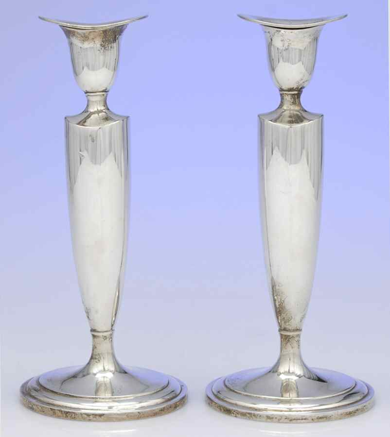 Lafayette-Plain (Sterling, 1905, Hollowware) Pair of 10" Weighted Candlesticks by Towle Silver-1