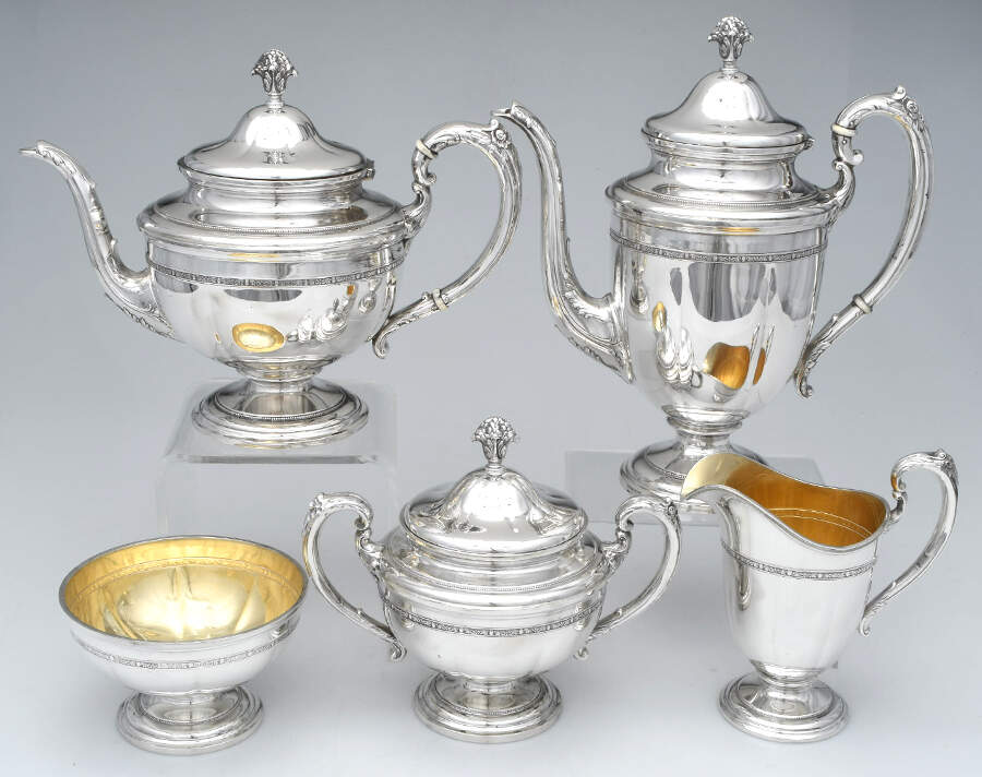 Lady Constance (Sterling, 1922, Hollowwaree) 5 Piece Tea Set (SCP, STP, SCR, SSU, SWB) by Towle Silver-1