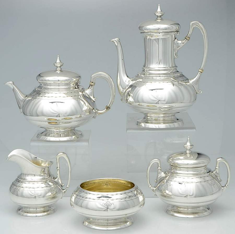 Old Lace (Sterling, Hollowware) 5 Piece Tea Set (SCP, STP, SCR, SSU, SWB) by Towle Silver-1