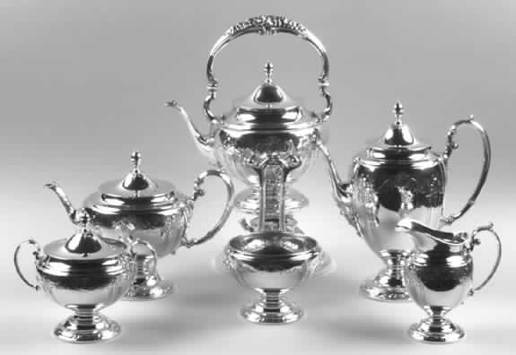 Virginia Lee (Sterling, 1920, Hollowware) 6 Piece Tea Set (SCP, STP, SCR, SSU, SWB, SKES) by Towle Silver-1