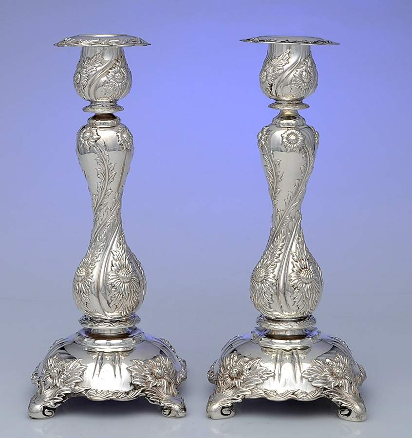 Chrysanthemum (Strl, 1880, Hlwr, 925-1000, FloralEdge) Pair of Candlesticks with Bobeche by Tiffany & CO SILVER-1