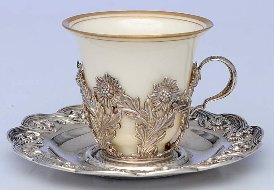 Chrysanthemum (Strl, 1880, Hlwr, 925-1000, FloralEdge) Demitasse Cup & Saucer W/Lenox Liner by Tiffany & CO SILVER-1