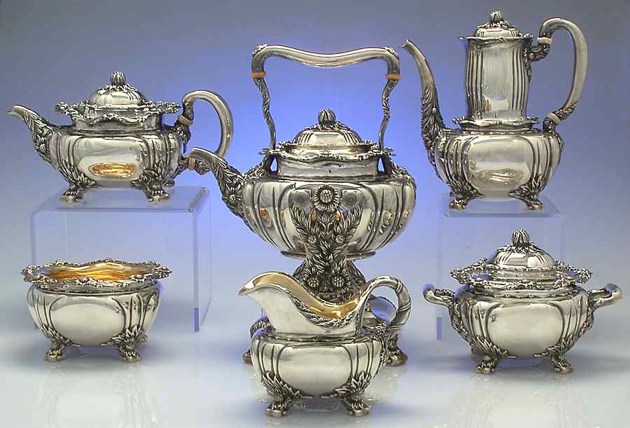 Chrysanthemum (Strl, 1880, Hlwr, 925-1000, FloralEdge) 6 Piece Tea Set (SCP, STP, SCR, SSU, SWB, SKES) by Tiffany & CO SILVER-1
