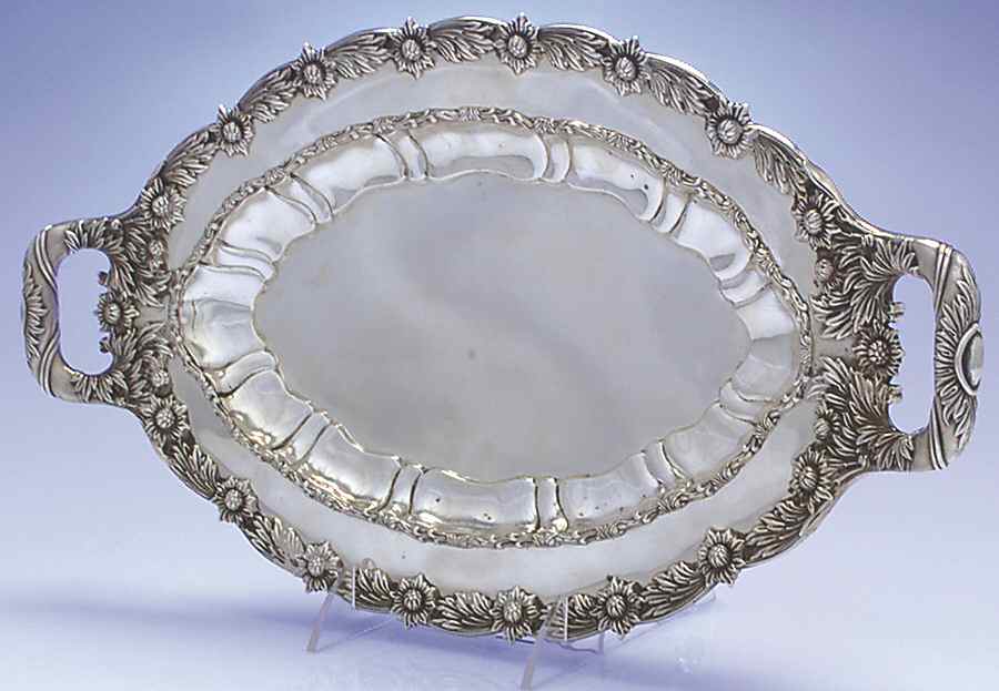 Chrysanthemum (Strl, 1880, Hlwr, 925-1000, FloralEdge) Sterling Small-Handled Oval Tray by Tiffany & CO SILVER-1