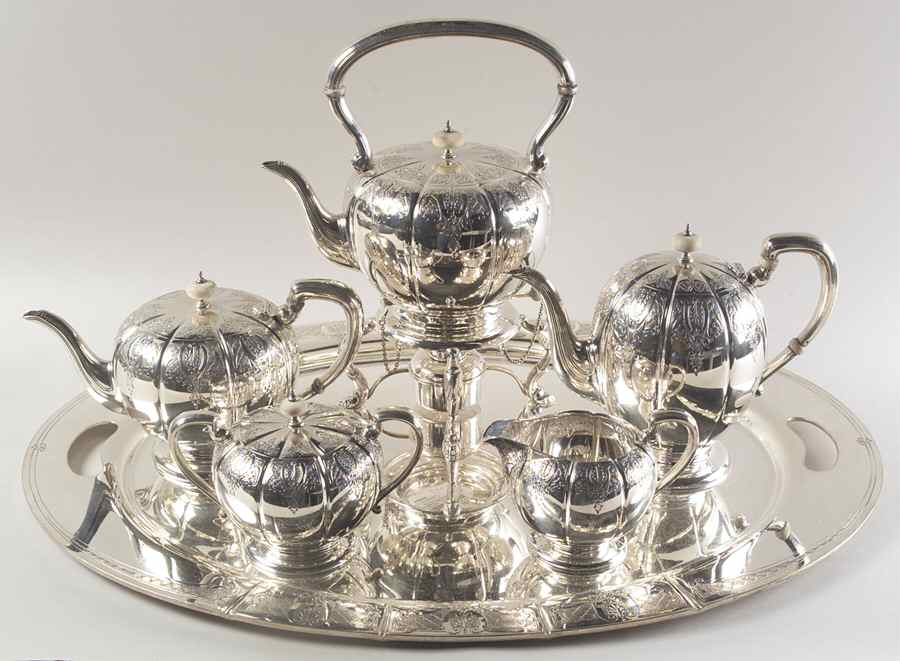 Windsor Castle (Sterling, Hollowware, Hand Chased) 6 Piece Tea Set (SCP, STP, SCR, SSU, SKES, WTL) by Tuttle-1