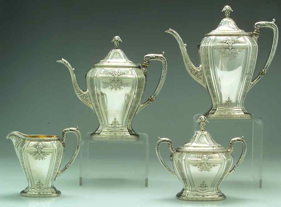 D'Orleans (Sterling, 1923, Hollowware) 4 Piece Tea Set (SCP, STP, SCR, SSU) by Towle Silver-1